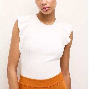 Marie Oliver White Ribbed Ruffled Sleeve Tank Top